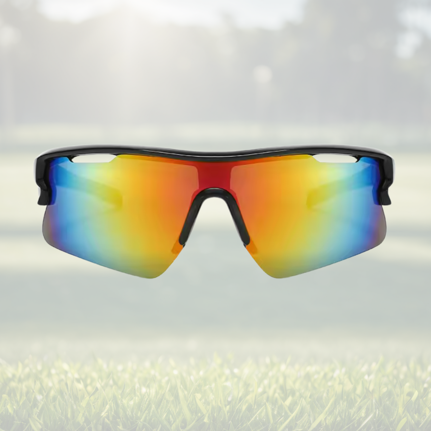 A pair of Sportiq Vector Eclipse performance sunglasses with reflective orange lenses and black frame, UV400, polycarbonate frame with polycarbonate lens, displayed on a grass background.