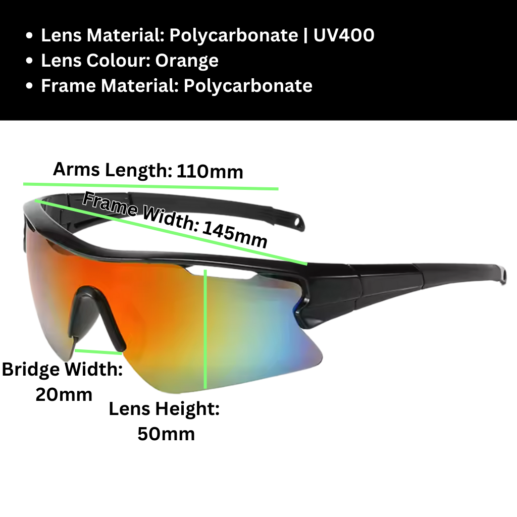 A pair of Sportiq Vector Eclipse performance sunglasses with reflective orange lenses and black frame, UV400, polycarbonate frame with polycarbonate lens, displayed on a grass background.