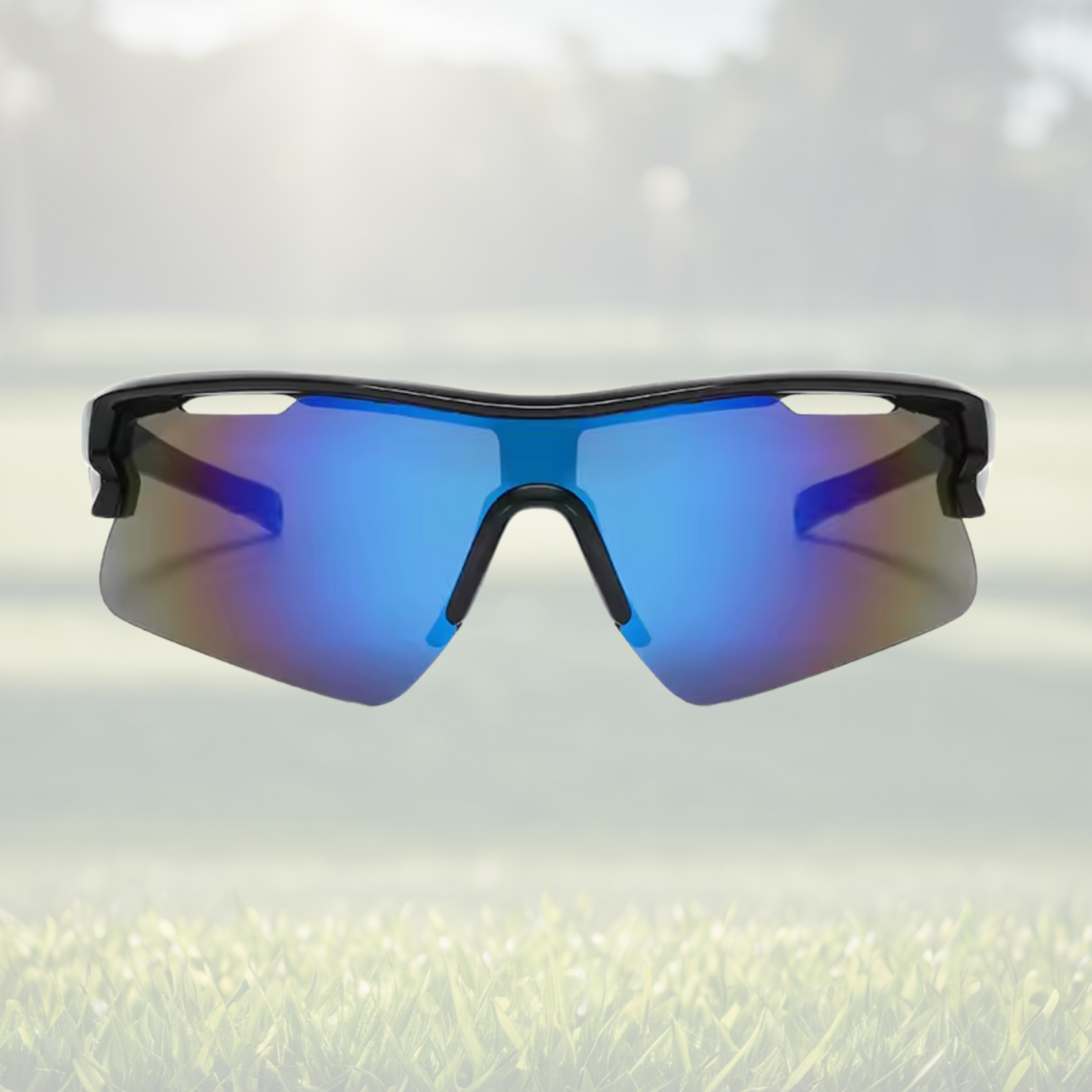 A pair of Sportiq Vector Tempest performance sunglasses with reflective blue lenses and black frame, UV400, polycarbonate frame with polycarbonate lens, displayed on a grass background.