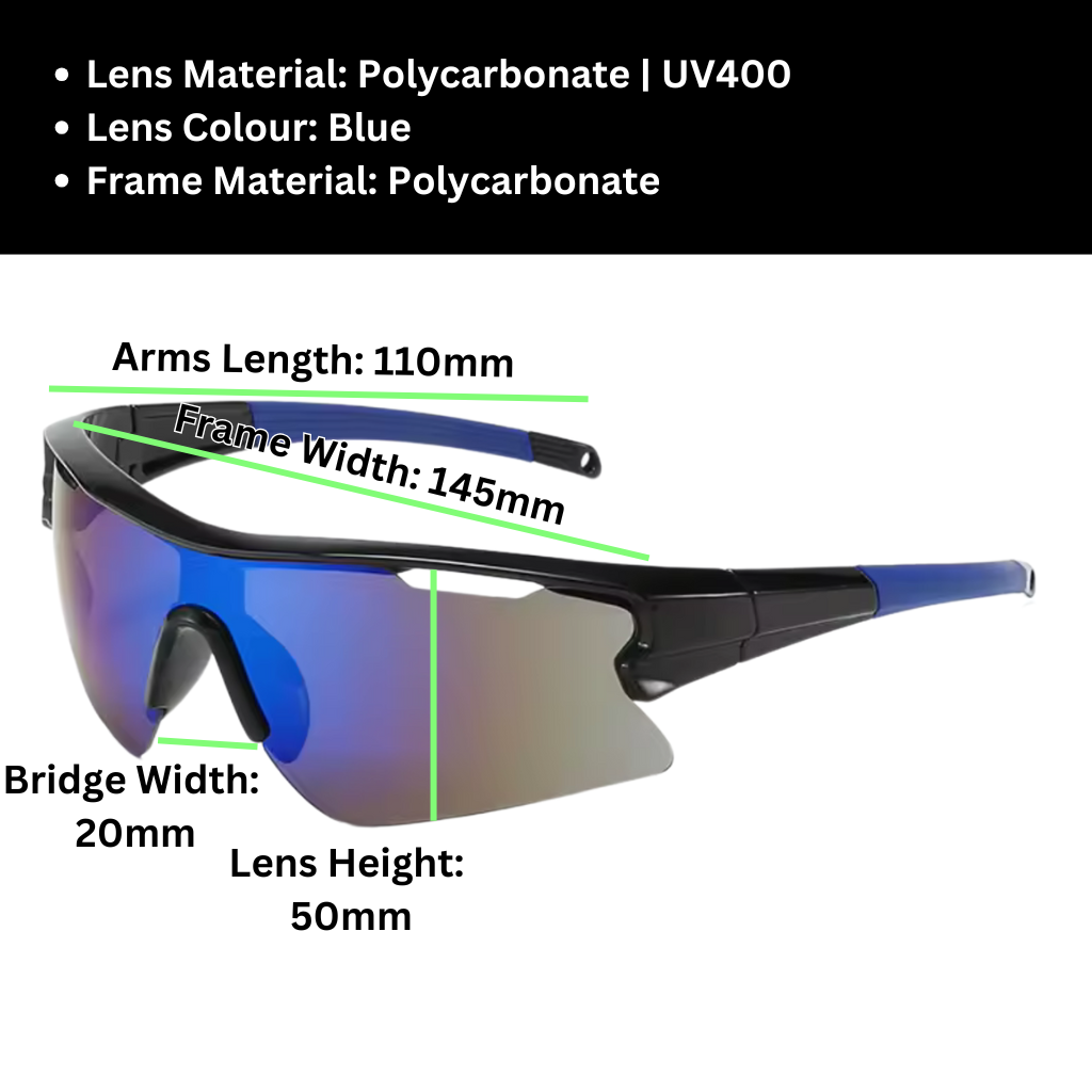 A pair of Sportiq Vector Tempest performance sunglasses with reflective blue lenses and black frame, UV400, polycarbonate frame with polycarbonate lens, displayed on a grass background.