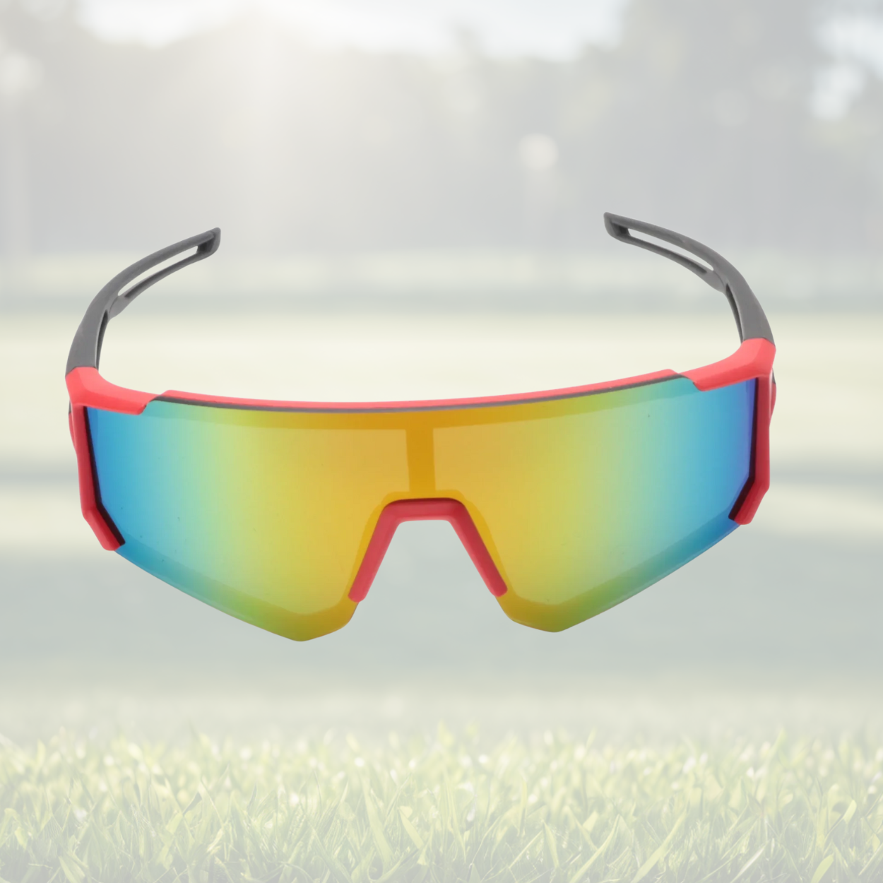 A pair of Sportiq Velocity Blaze performance sunglasses with red reflective lenses and black frame, UV400, polycarbonate frame with polycarbonate lens, displayed on a grass background.