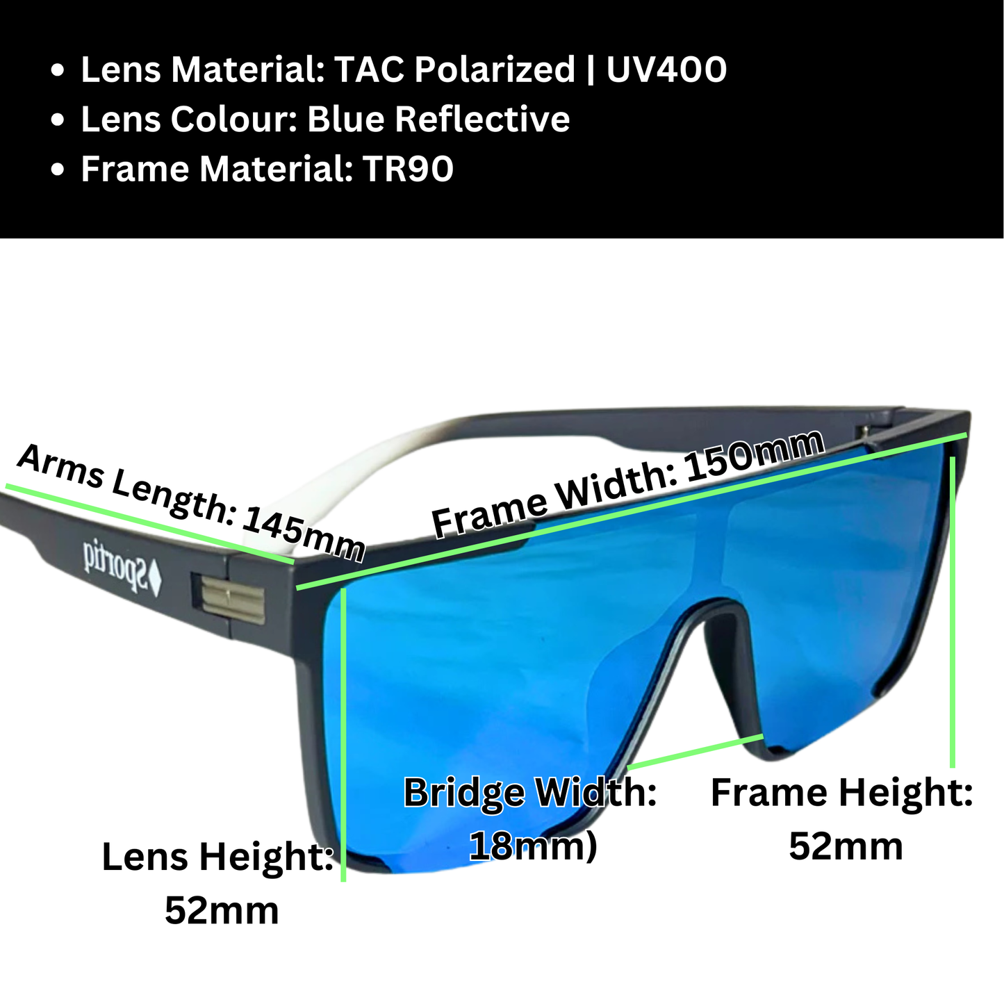 A pair of Sportiq Zen - Blue professional sport sunglasses with blue reflective lenses and black frame, polarized UV400, polycarbonate frame with TAC lens, displayed on a grass background.