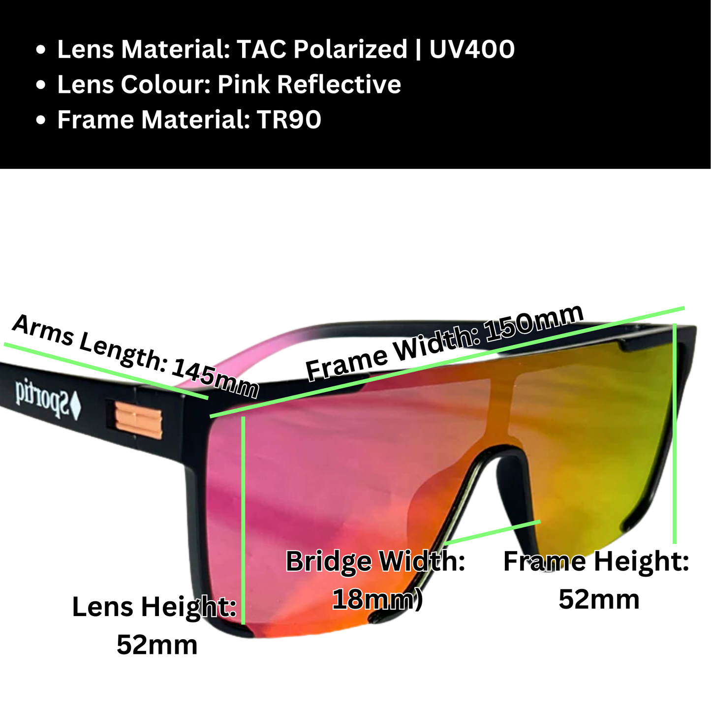 A pair of Sportiq Zen - Pink professional sport sunglasses with pink reflective lenses and black frame, polarized UV400, polycarbonate frame with TAC lens, displayed on a grass background.