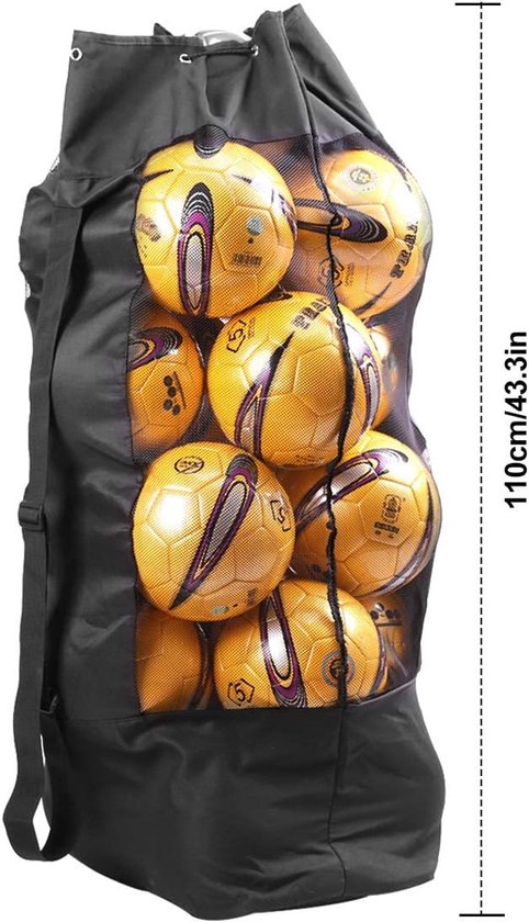 Soccer Net Bag for 10-15 Balls - Large Waterproof, Sturdy Tennis Shoulder Pad, Football-Basketball-Volleyball Bag, Drawstring Handbag - Black