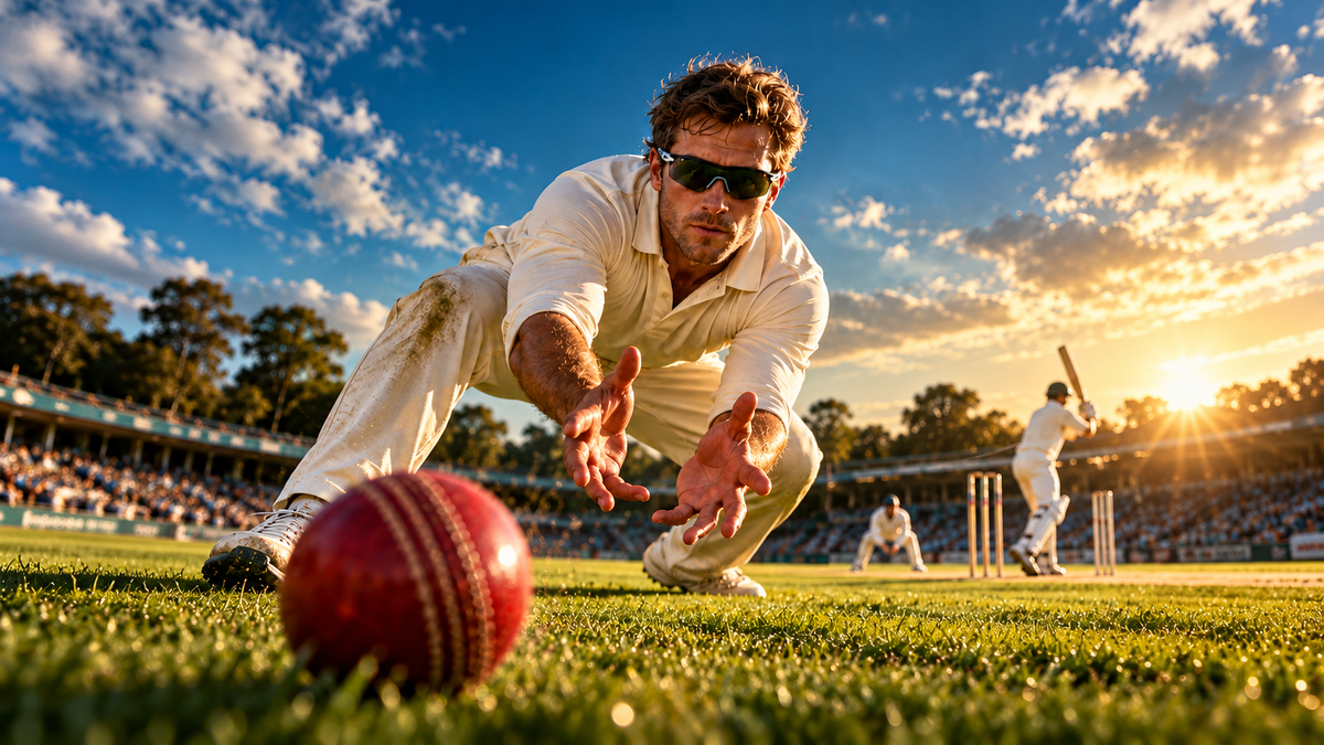 Editorial illustration of a cricket fielder wearing sports sunglasses