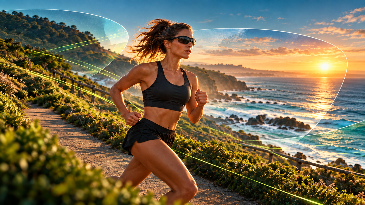 Editorial illustration of a runner wearing sunglasses on a coastal trail