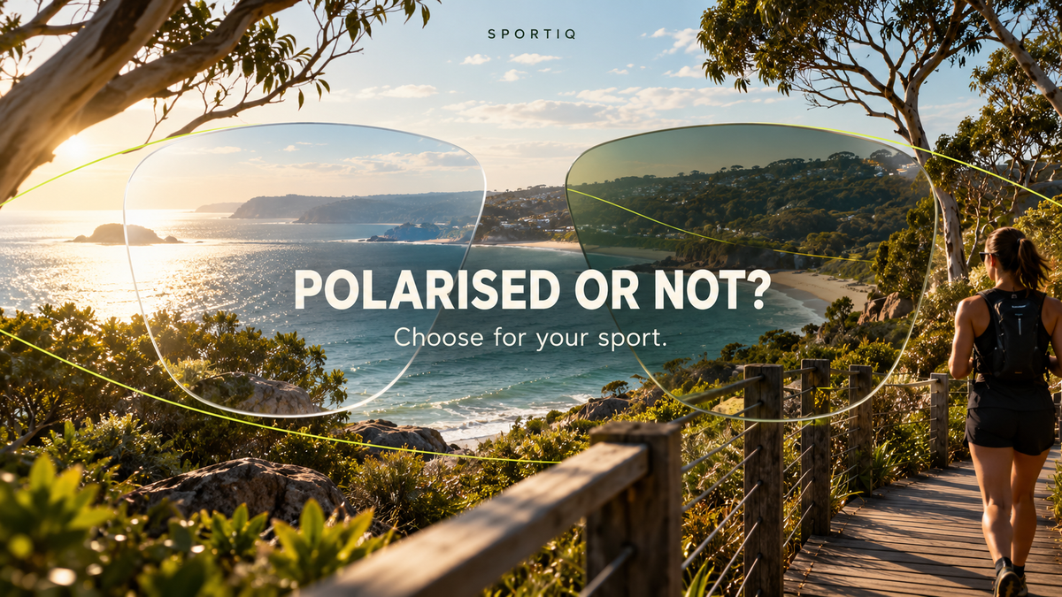 Sportiq polarisation guide: conceptual lens windows over a sunlit coastal running path.