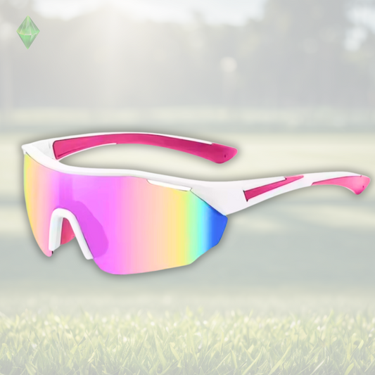A pair of Sportiq ClarityX - Aerose professional sport sunglasses with pink reflective lenses and black frame, polarized UV400, polycarbonate frame with TAC lens, displayed on a grass background.