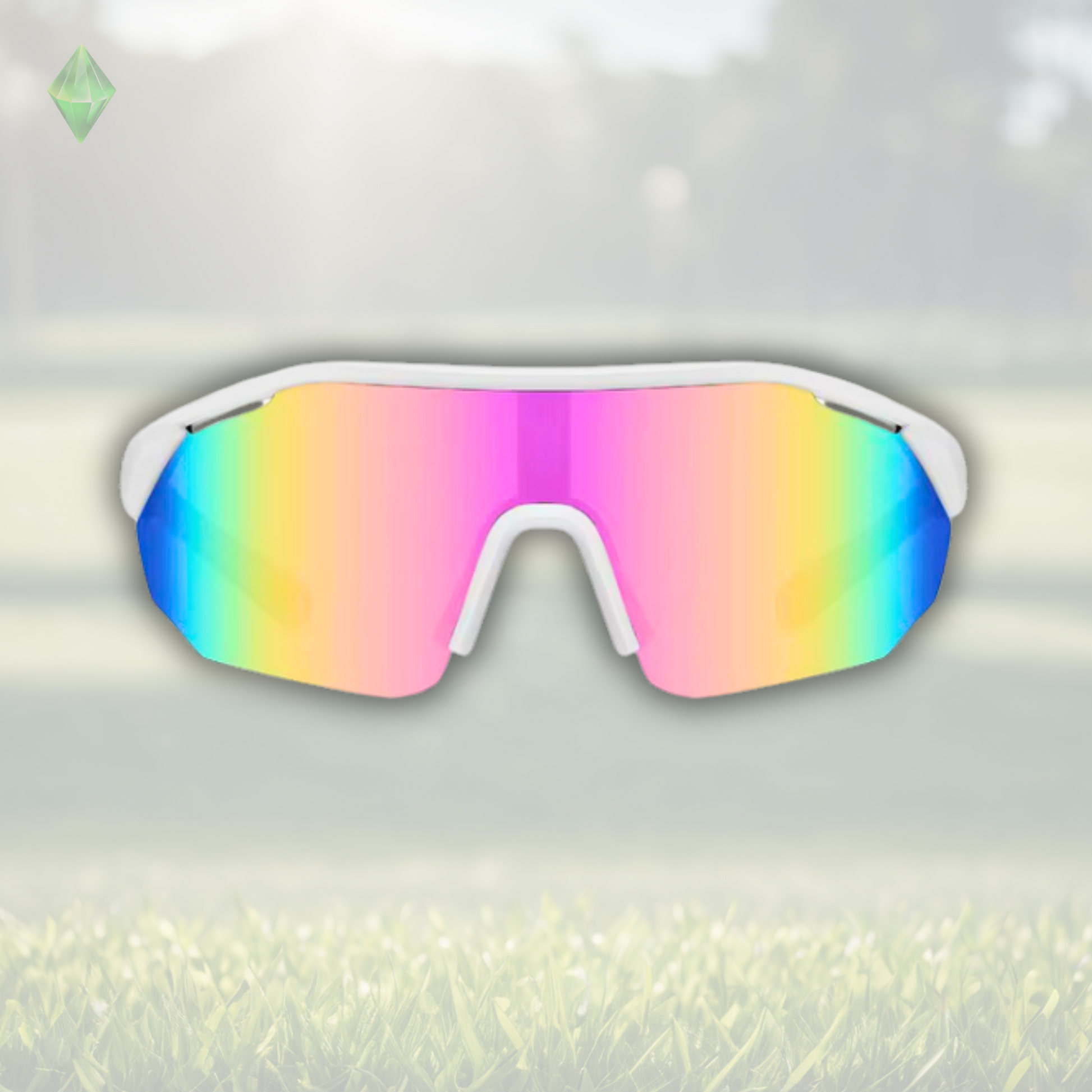 A pair of Sportiq ClarityX - Aerose professional sport sunglasses with pink reflective lenses and black frame, polarized UV400, polycarbonate frame with TAC lens, displayed on a grass background.