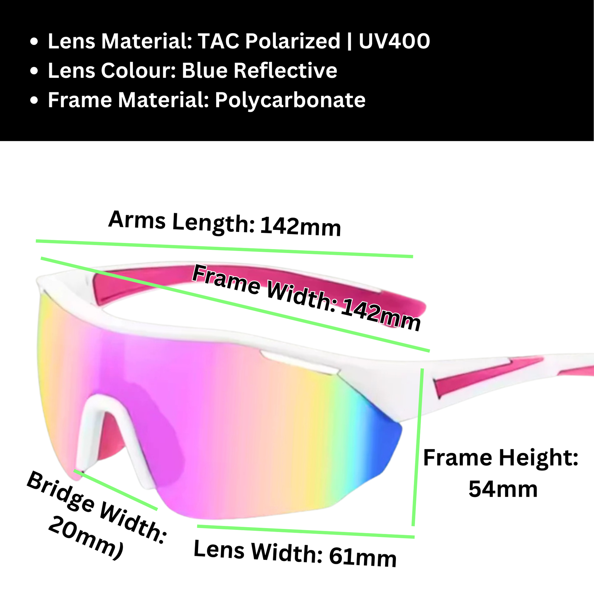 A pair of Sportiq ClarityX - Aerose professional sport sunglasses with pink reflective lenses and black frame, polarized UV400, polycarbonate frame with TAC lens, displayed on a grass background.