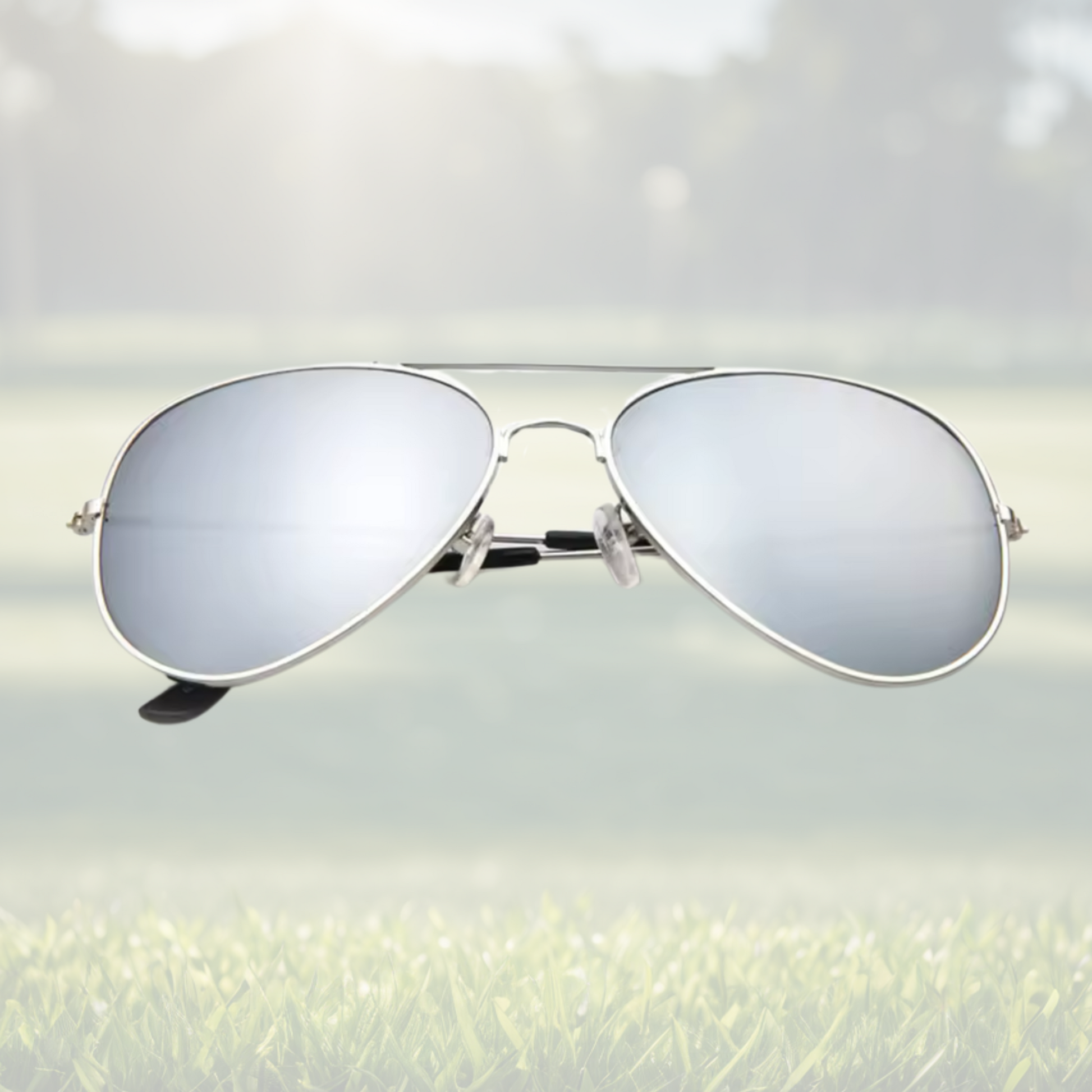 A pair of Sportiq Altitude Glacier professional performance sunglasses with reflective silver lenses and steel frame, UV400 with polycarbonate lens, displayed on a grass background.