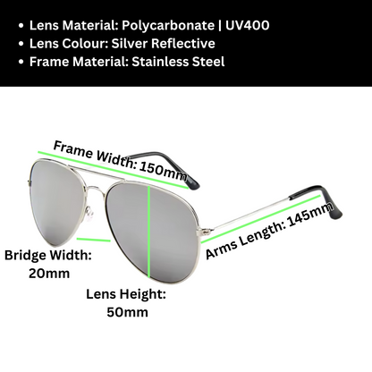 A pair of Sportiq Altitude Glacier professional performance sunglasses with reflective silver lenses and steel frame, UV400 with polycarbonate lens, displayed on a grass background.