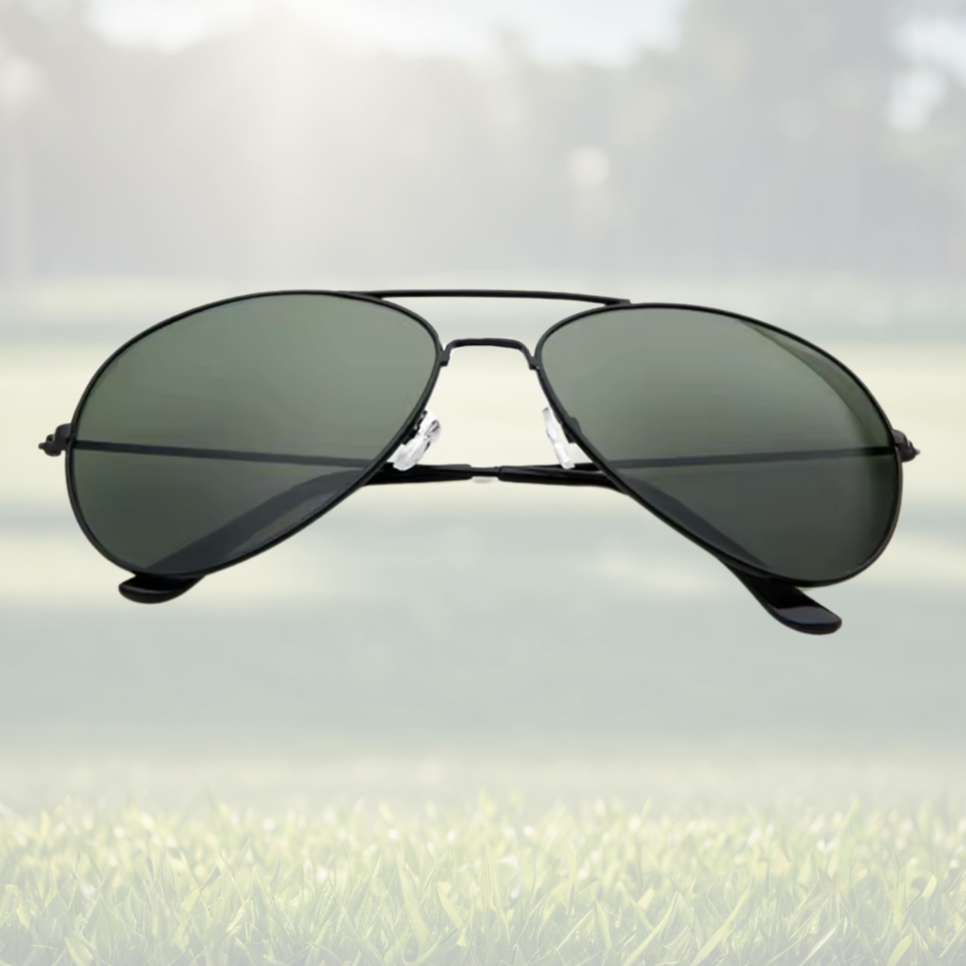 A pair of Sportiq Altitude Nightfall performance sunglasses with black lenses and steel frame, UV400, polycarbonate frame with polycarbonate lens, displayed on a grass background.
