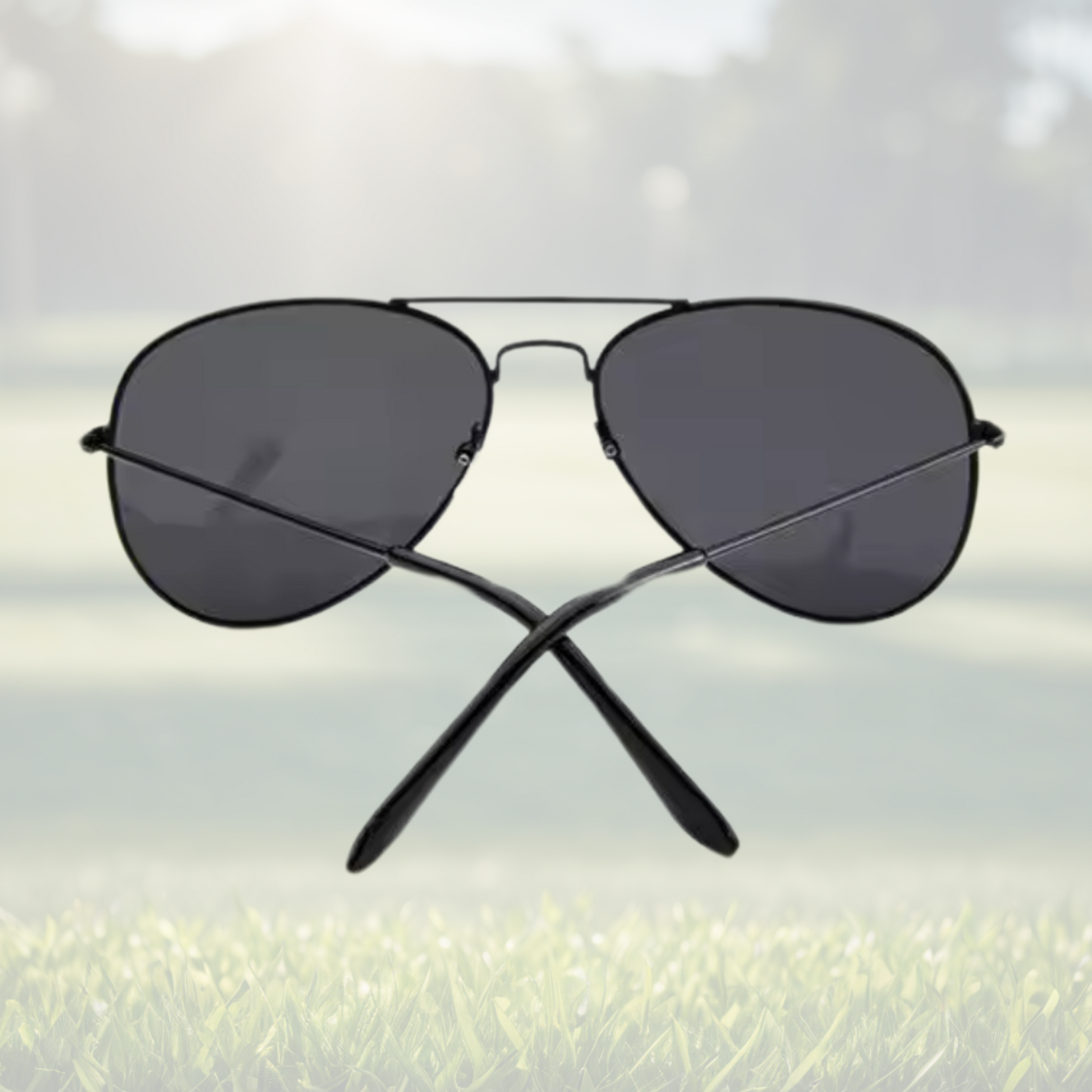 A pair of Sportiq Altitude Nightfall performance sunglasses with black lenses and steel frame, UV400, polycarbonate frame with polycarbonate lens, displayed on a grass background.