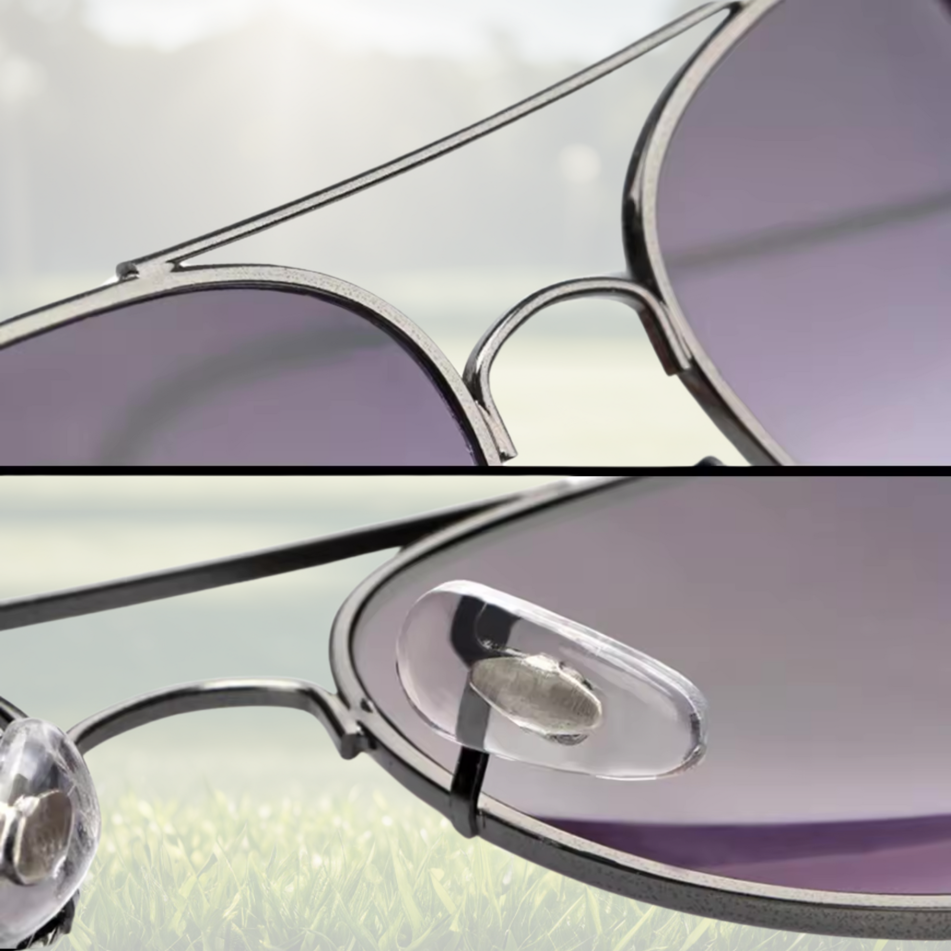A pair of Sportiq Altitude Spectrum performance sunglasses with reflective multicoloured lenses and steel frame, UV400, polycarbonate frame with polycarbonate lens, displayed on a grass background.