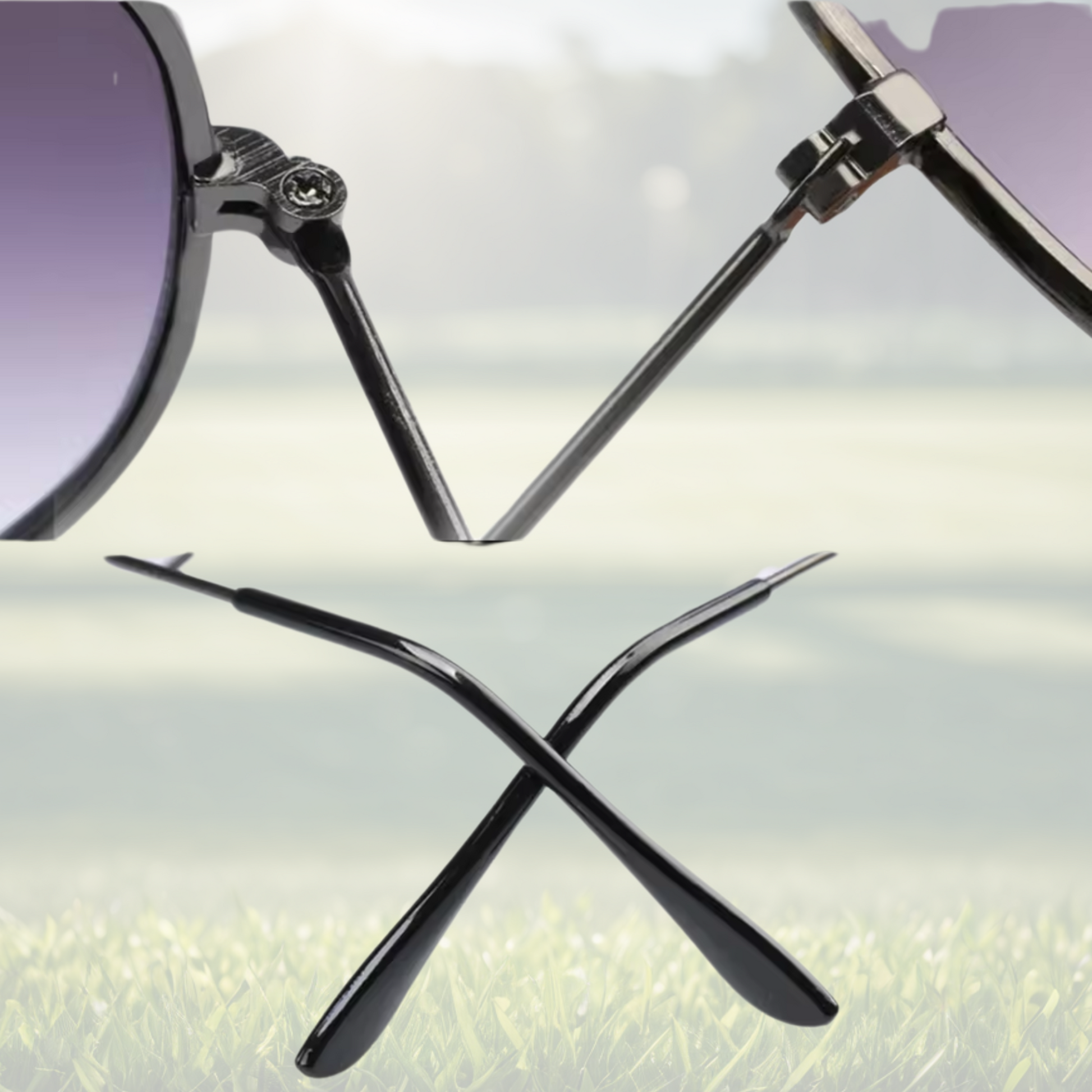 A pair of Sportiq Altitude Spectrum performance sunglasses with reflective multicoloured lenses and steel frame, UV400, polycarbonate frame with polycarbonate lens, displayed on a grass background.