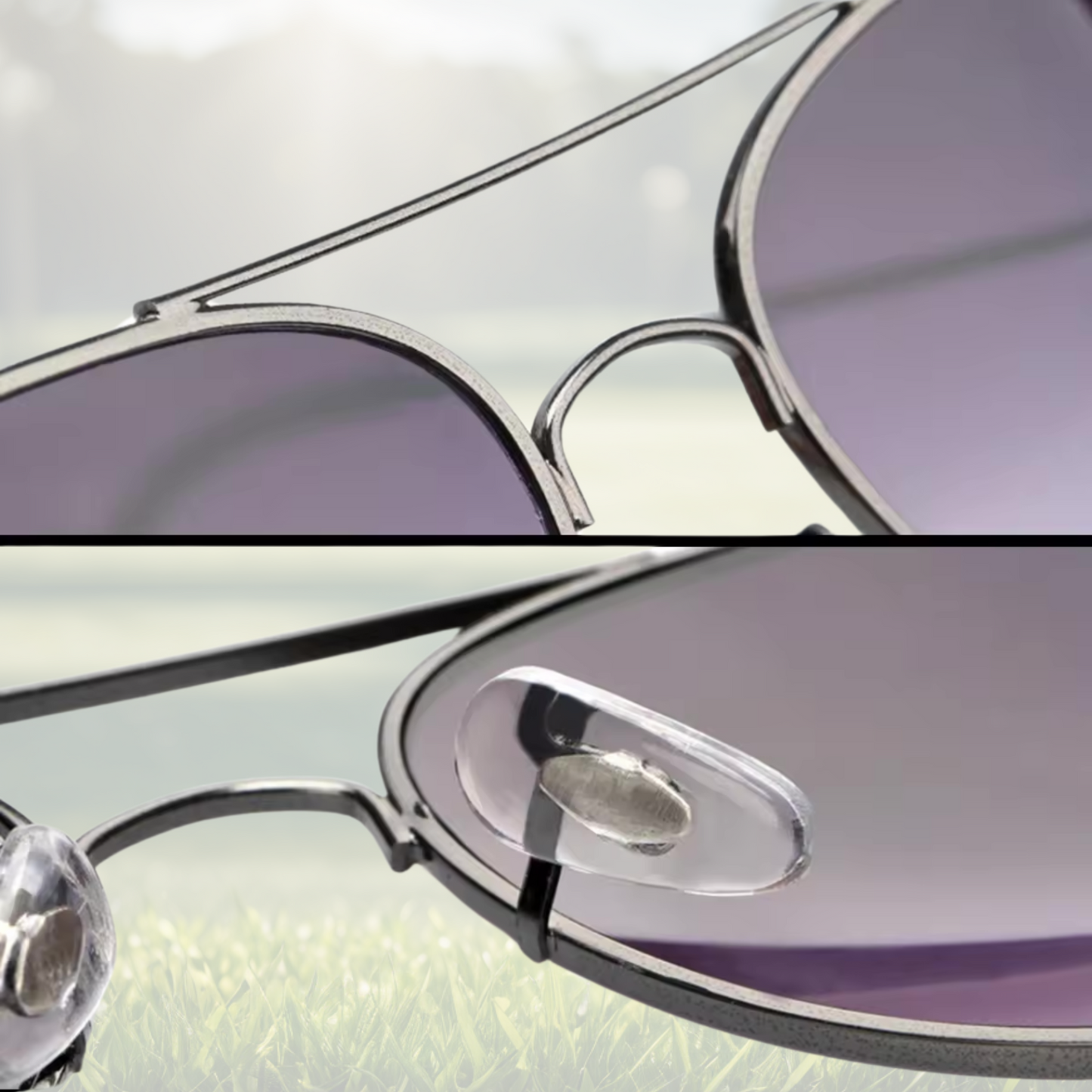 A pair of Sportiq Altitude Royal performance sunglasses with blue lenses and steel frame, UV400 rate with a polycarbonate lens, displayed on a grass background.