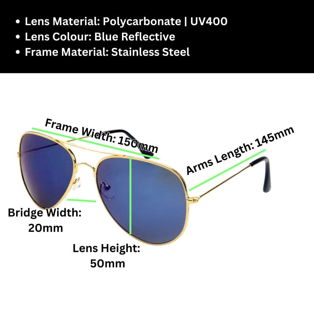 A pair of Sportiq Altitude Royal performance sunglasses with blue lenses and steel frame, UV400 rate with a polycarbonate lens, displayed on a grass background.