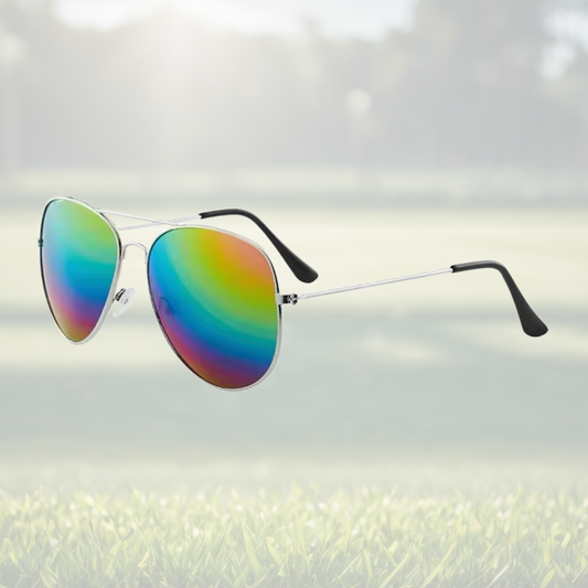 A pair of Sportiq Altitude Spectrum performance sunglasses with reflective multicoloured lenses and steel frame, UV400, polycarbonate frame with polycarbonate lens, displayed on a grass background.