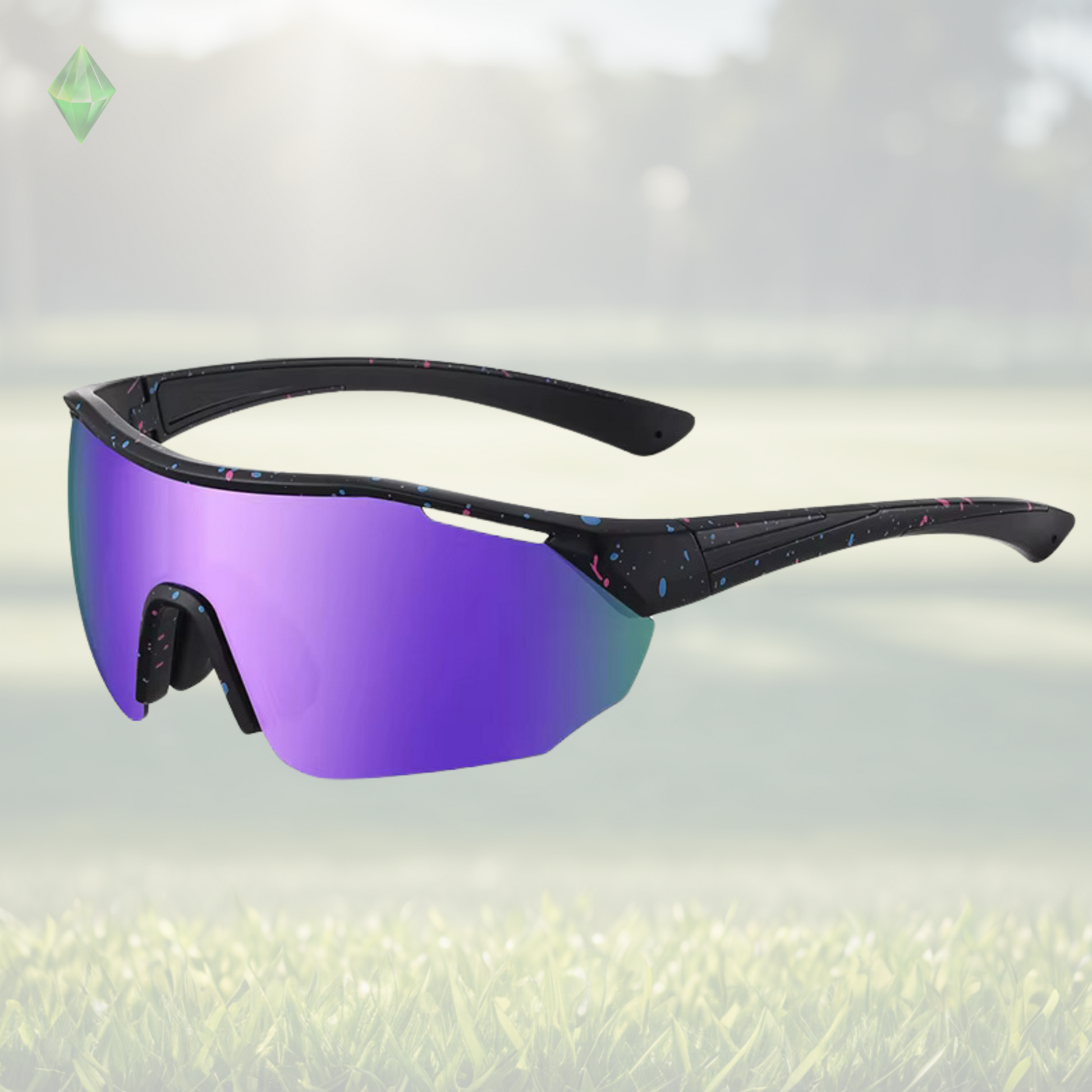 A pair of Sportiq ClarityX - Amethyst professional sport sunglasses with purple reflective lenses and black frame, polarized UV400, polycarbonate frame with TAC lens, displayed on a grass background.