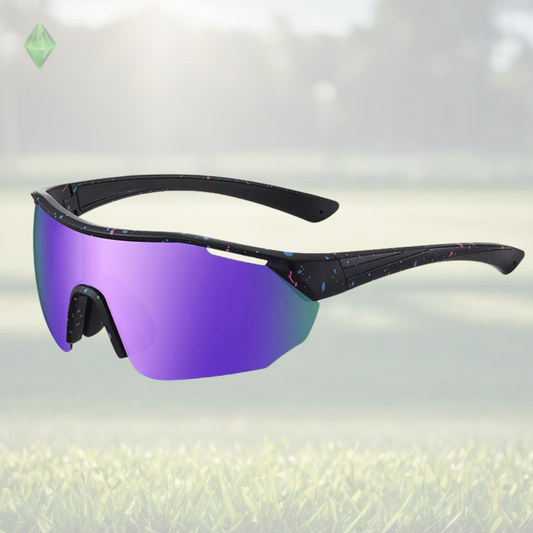 A pair of Sportiq ClarityX - Amethyst professional sport sunglasses with purple reflective lenses and black frame, polarized UV400, polycarbonate frame with TAC lens, displayed on a grass background.