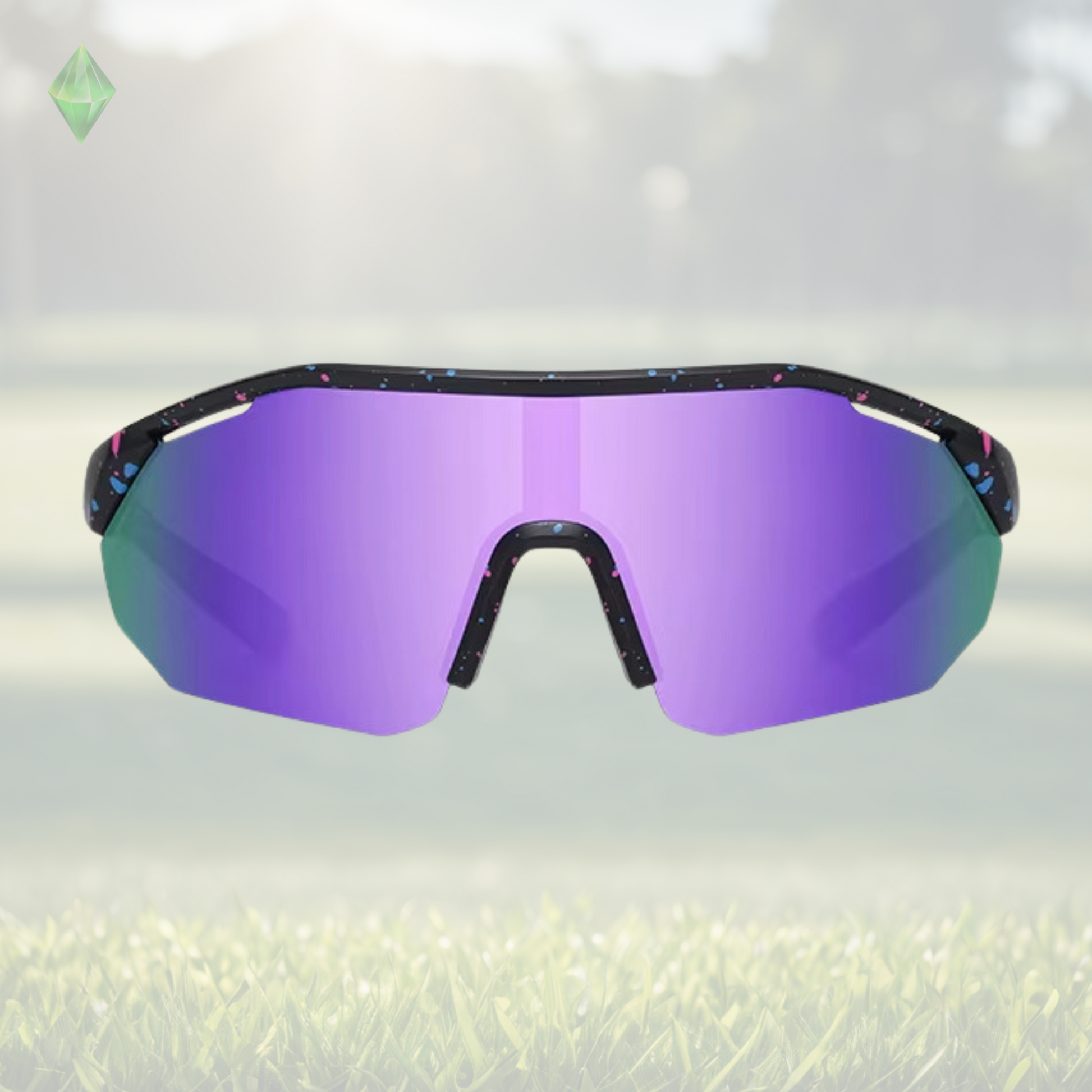 A pair of Sportiq ClarityX - Amethyst professional sport sunglasses with purple reflective lenses and black frame, polarized UV400, polycarbonate frame with TAC lens, displayed on a grass background.