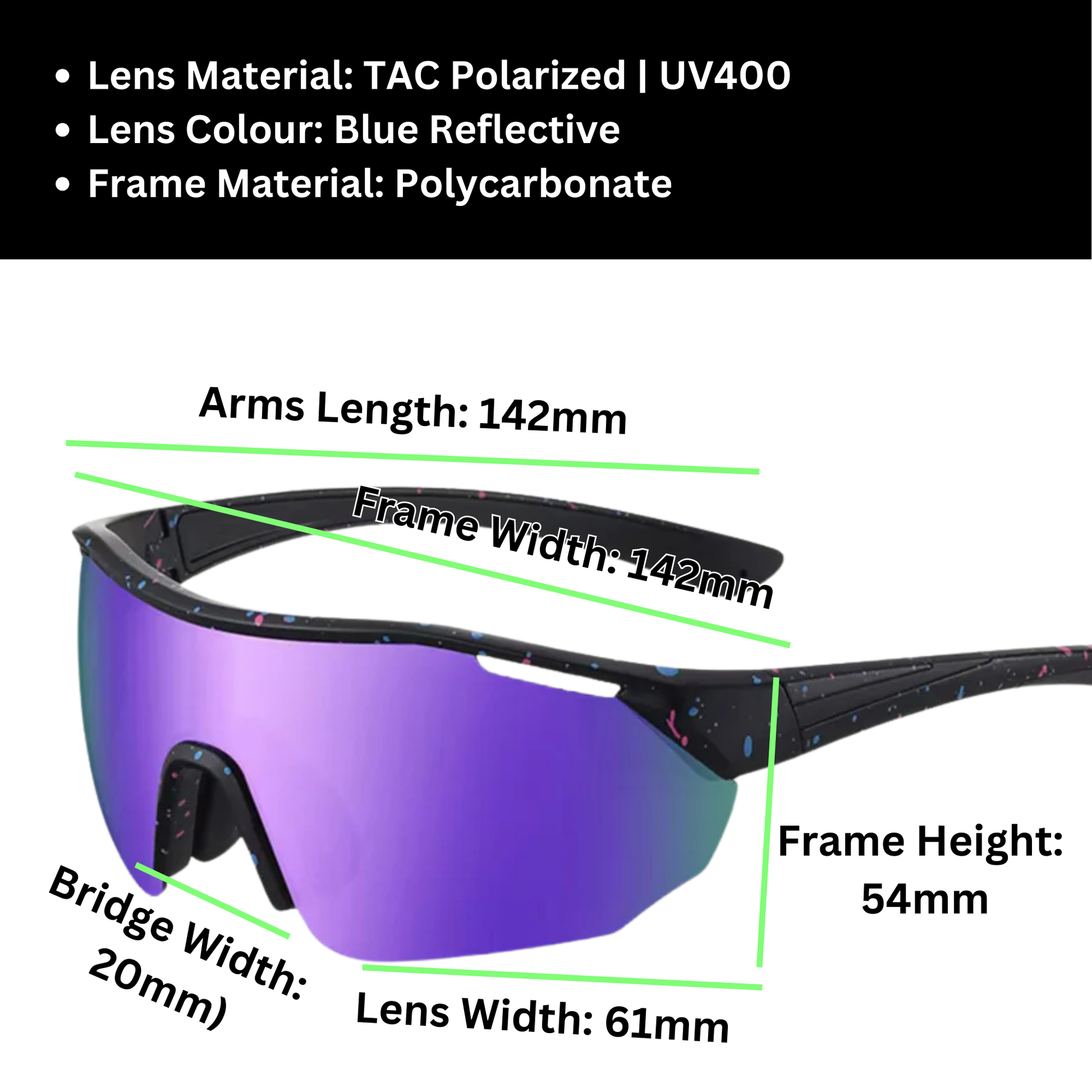 A pair of Sportiq ClarityX - Amethyst professional sport sunglasses with purple reflective lenses and black frame, polarized UV400, polycarbonate frame with TAC lens, displayed on a grass background.