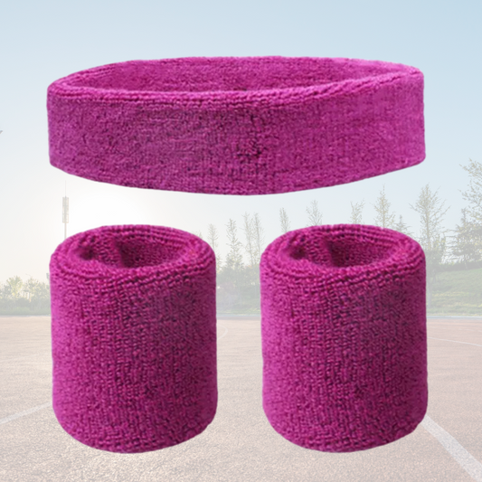 A Sportiq DripFlex Headband Set in Berry Purple, made from a polyester cotton blend with medium to high level elasticity and machine washable (cold), displayed on a grass background.