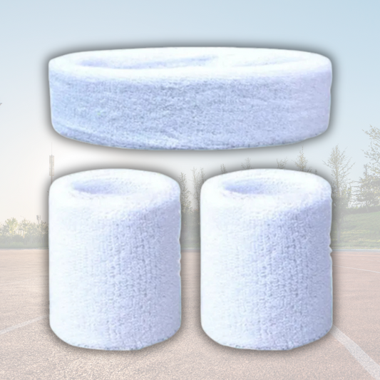A Sportiq DripFlex Headband Set in Chalkline White, made from a polyester cotton blend with medium to high level elasticity and machine washable (cold), displayed on a grass background.