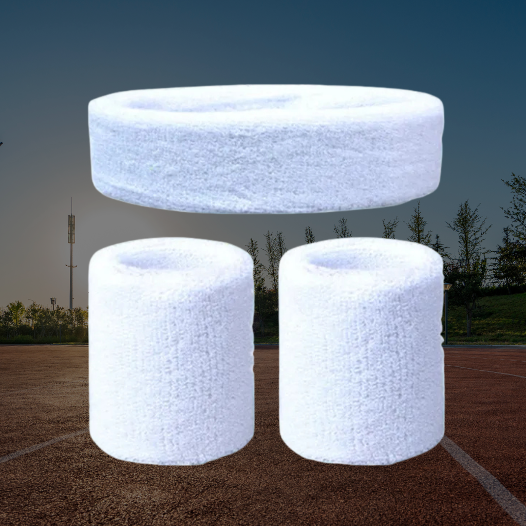A Sportiq DripFlex Headband Set in Chalkline White, made from a polyester cotton blend with medium to high level elasticity and machine washable (cold), displayed on a grass background.