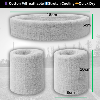 A Sportiq DripFlex Headband Set dimensions image, made from a polyester cotton blend with medium to high level elasticity and machine washable (cold), displayed on a grass background.