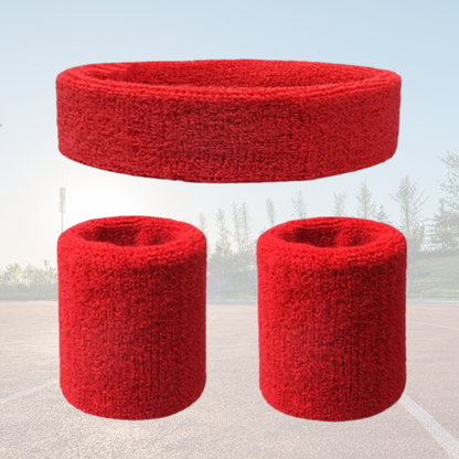 A Sportiq DripFlex Headband Set in Flame Red, made from a polyester cotton blend with medium to high level elasticity and machine washable (cold), displayed on a grass background.