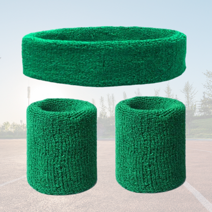 A Sportiq DripFlex Headband Set in Forrest Green, made from a polyester cotton blend with medium to high level elasticity and machine washable (cold), displayed on a grass background.