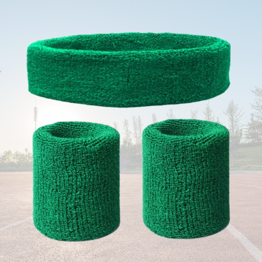 A Sportiq DripFlex Headband Set in Forrest Green, made from a polyester cotton blend with medium to high level elasticity and machine washable (cold), displayed on a grass background.