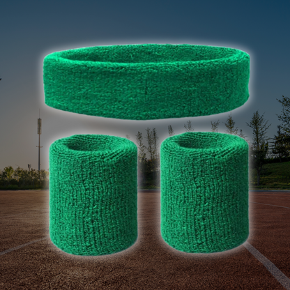 A Sportiq DripFlex Headband Set in Forrest Green, made from a polyester cotton blend with medium to high level elasticity and machine washable (cold), displayed on a grass background.
