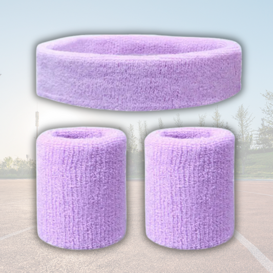 A Sportiq DripFlex Headband Set in Lavendrip Light Purple, made from a polyester cotton blend with medium to high level elasticity and machine washable (cold), displayed on a grass background.