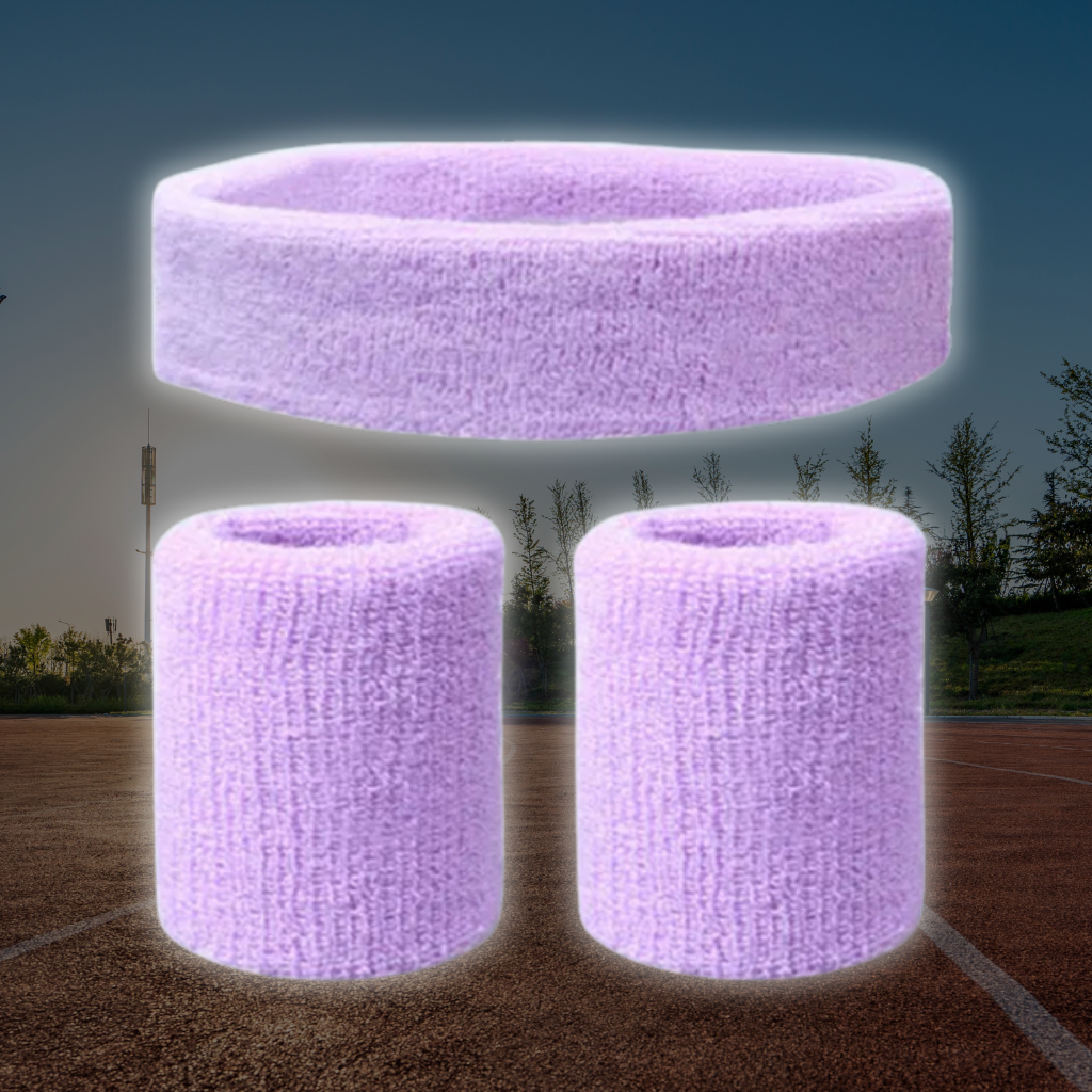A Sportiq DripFlex Headband Set in Lavendrip Light Purple, made from a polyester cotton blend with medium to high level elasticity and machine washable (cold), displayed on a grass background.
