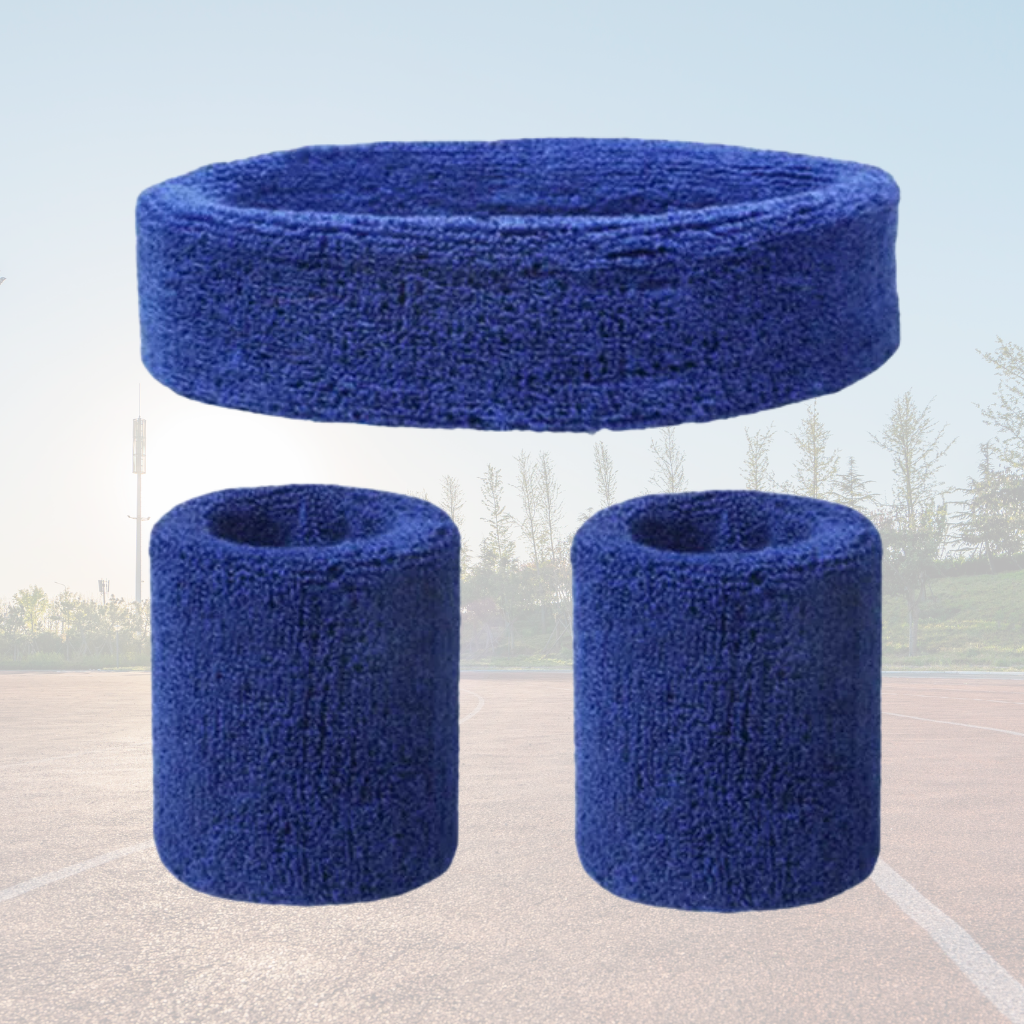 A Sportiq DripFlex Headband Set in Midnight DarkBlue, made from a polyester cotton blend with medium to high level elasticity and machine washable (cold), displayed on a grass background.