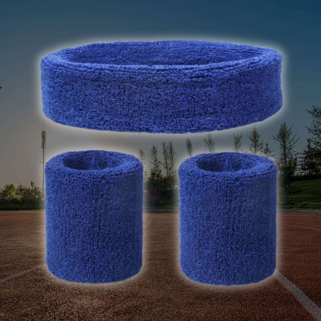 A Sportiq DripFlex Headband Set in Midnight DarkBlue, made from a polyester cotton blend with medium to high level elasticity and machine washable (cold), displayed on a grass background.