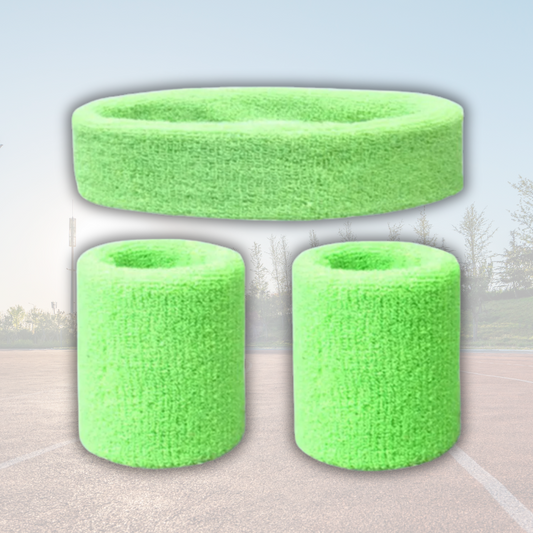 A Sportiq DripFlex Headband Set in Mint Lime Green, made from a polyester cotton blend with medium to high level elasticity and machine washable (cold), displayed on a grass background.