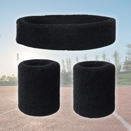 A Sportiq DripFlex Headband Set in Onyx Black, made from a polyester cotton blend with medium to high level elasticity and machine washable (cold), displayed on a grass background.