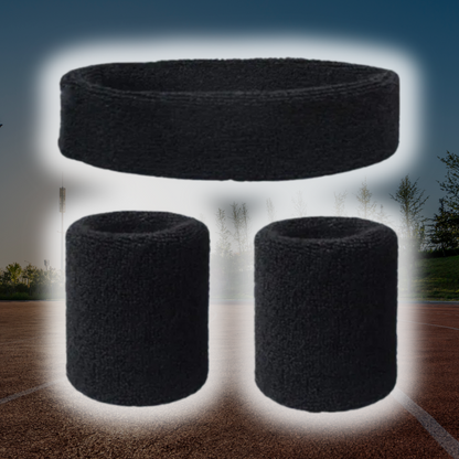 A Sportiq DripFlex Headband Set in Onyx Black, made from a polyester cotton blend with medium to high level elasticity and machine washable (cold), displayed on a grass background.