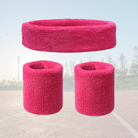 A Sportiq DripFlex Headband Set in Royal Rose Pink, made from a polyester cotton blend with medium to high level elasticity and machine washable (cold), displayed on a grass background.