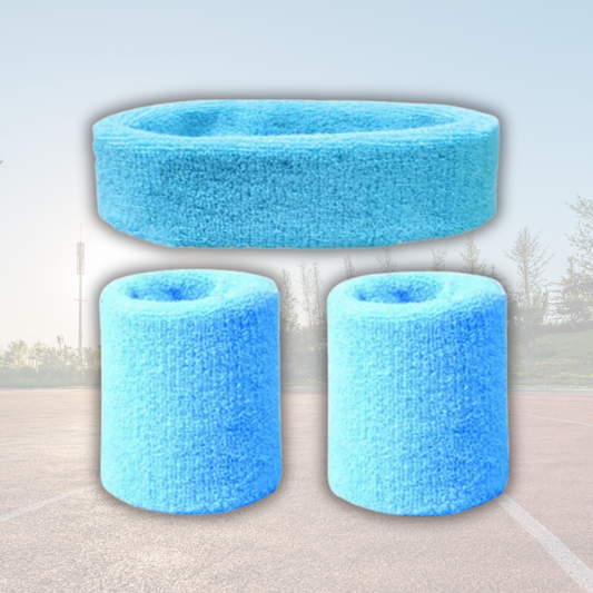 A Sportiq DripFlex Headband Set in Sky Blue, made from a polyester cotton blend with medium to high level elasticity and machine washable (cold), displayed on a grass background.