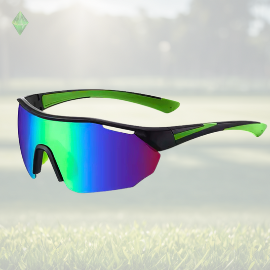 A pair of Sportiq ClarityX - Emerald professional sport sunglasses with green reflective lenses and black frame, polarized UV400, polycarbonate frame with TAC lens, displayed on a grass background.