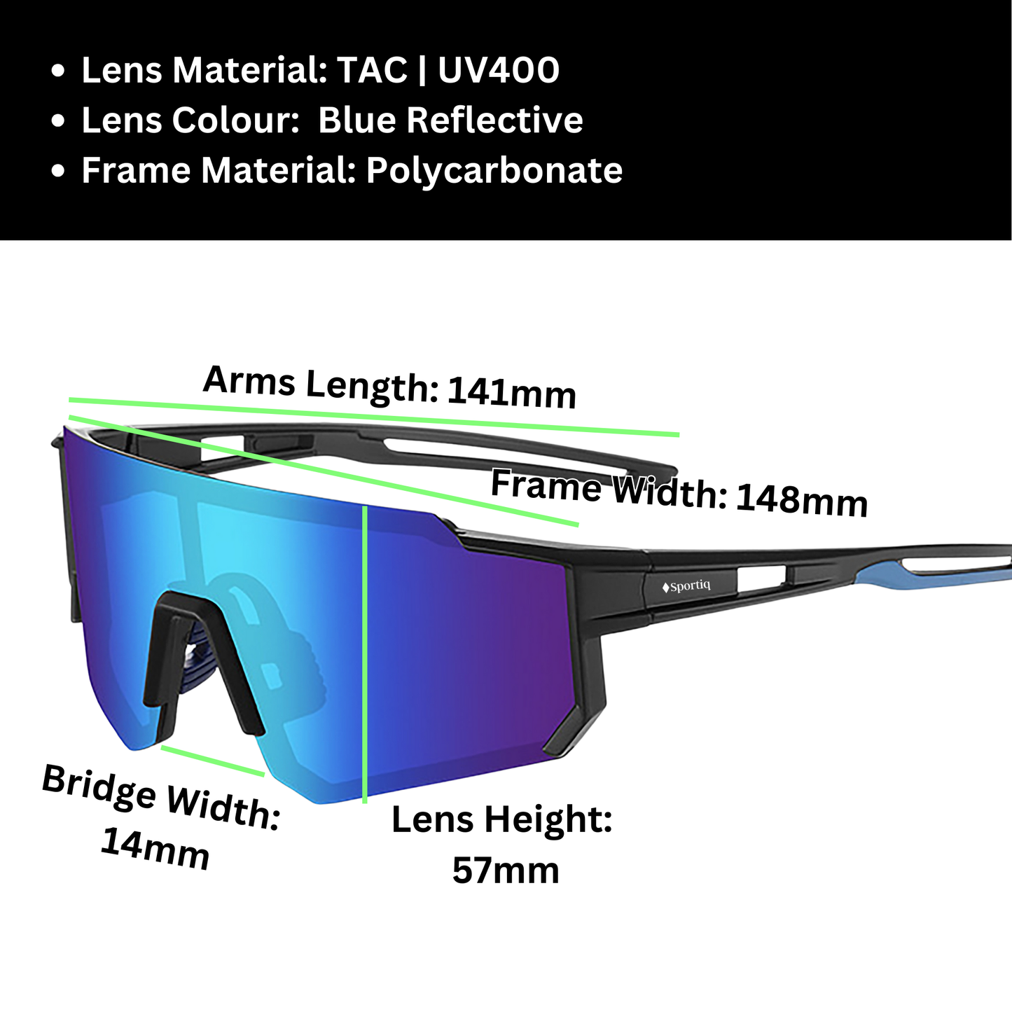 A pair of Sportiq Gamechanger Cobalt professional sport sunglasses with blue reflective lenses and black frame, polarized UV400, polycarbonate frame with TAC lens, displayed on a grass background.