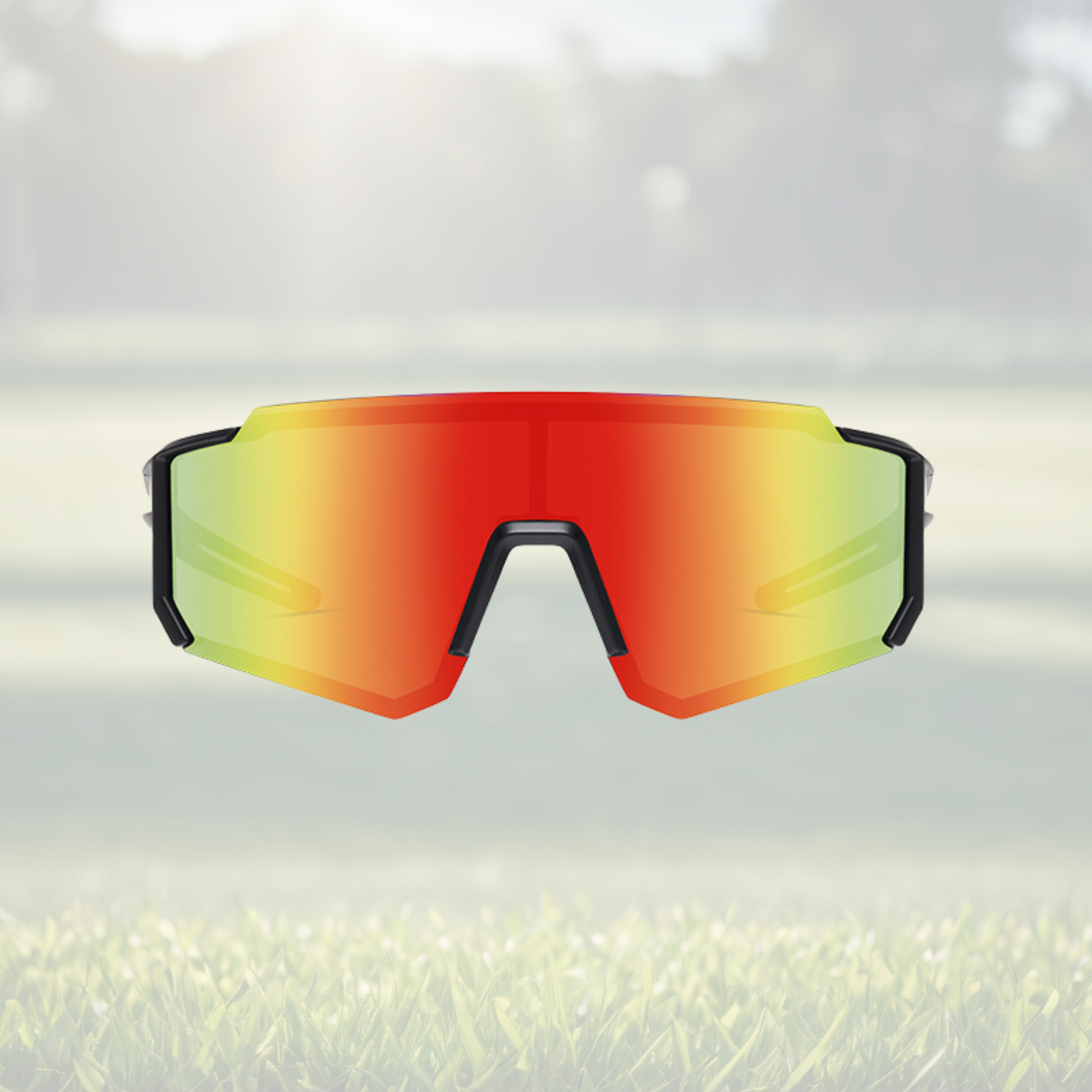 A pair of Sportiq Gamechanger Ember professional sport sunglasses with red reflective lenses and black frame, polarized UV400, polycarbonate frame with TAC lens, displayed on a grass background.
