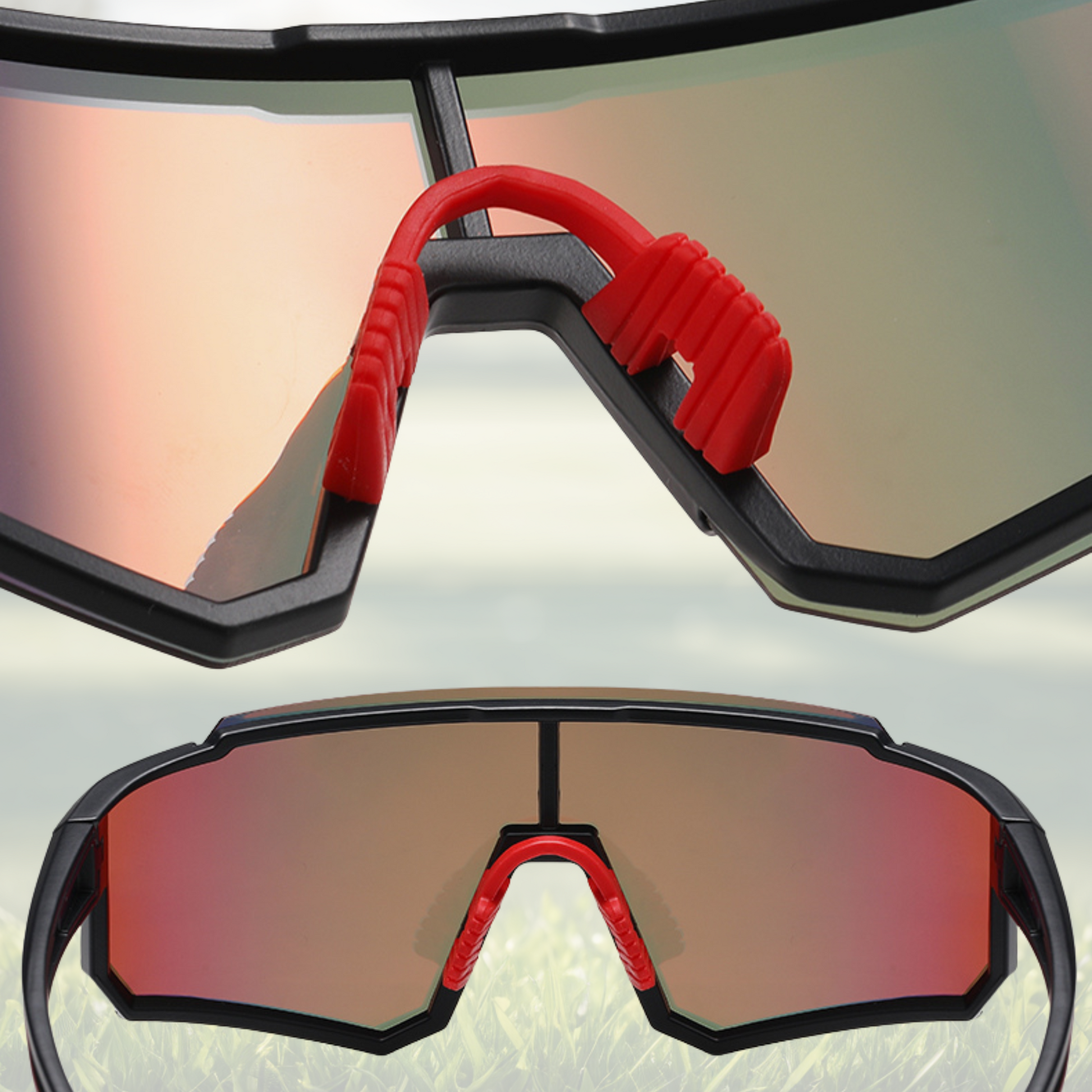 A pair of Sportiq Gamechanger Ember professional sport sunglasses with red reflective lenses and black frame, polarized UV400, polycarbonate frame with TAC lens, displayed on a grass background.