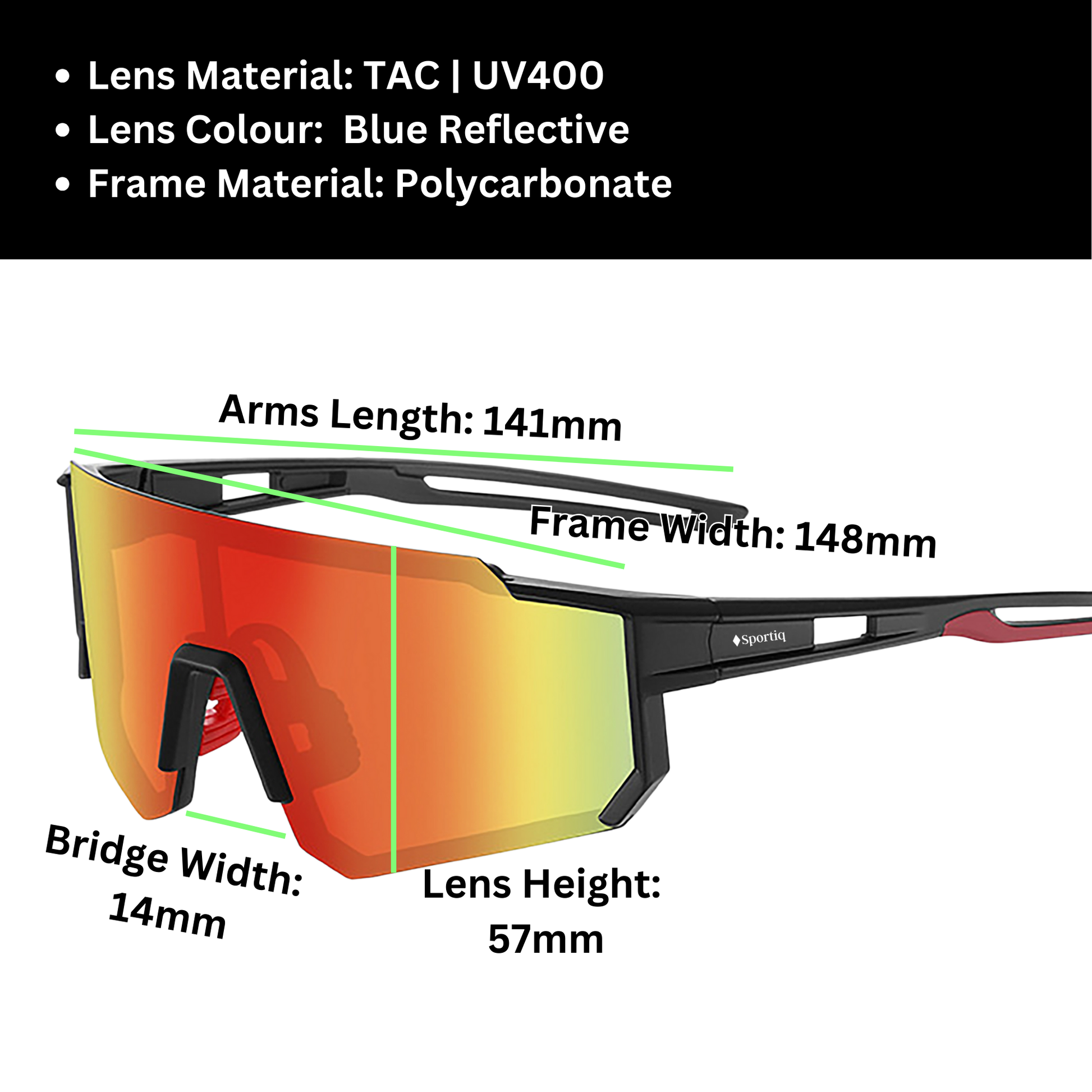 A pair of Sportiq Gamechanger Ember professional sport sunglasses with red reflective lenses and black frame, polarized UV400, polycarbonate frame with TAC lens, displayed on a grass background.