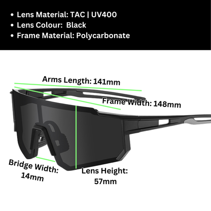 A pair of Sportiq Gamechanger Stealth professional sport sunglasses with black lenses and black frame, polarized UV400, polycarbonate frame with TAC lens, displayed on a grass background.